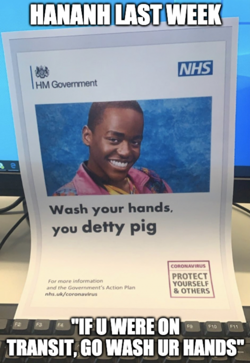 eric from "sex education" on an NHS poster saying "go wash your hands you detty pig"